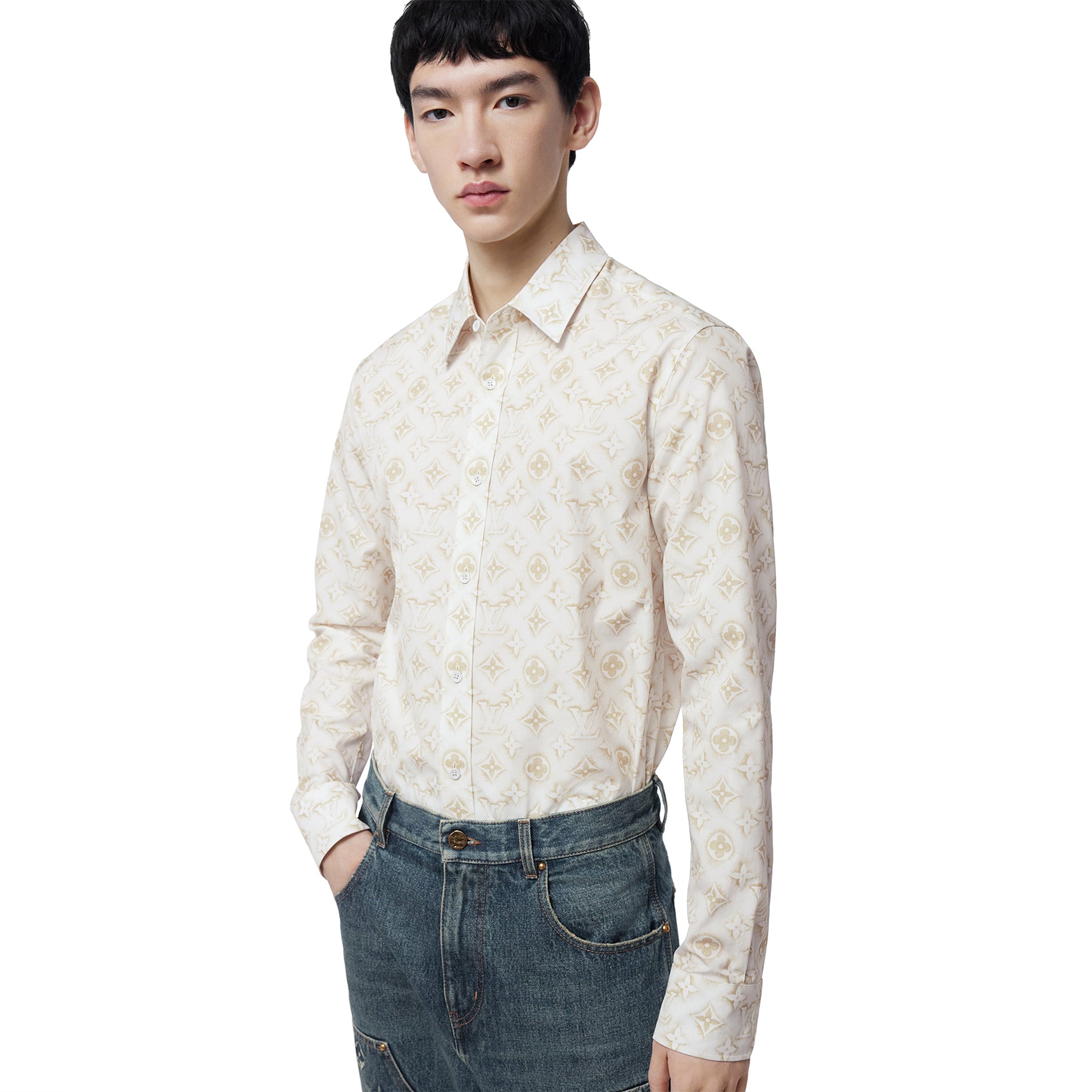 Front model view of Louis Vuitton Monogram Long-Sleeved Cotton Shirt White NVPROD4330266V